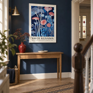 Mushroom Art Print, framed on the wall of a characterful hallway in a UK terraced house with a navy painted wall and pale oak flooring