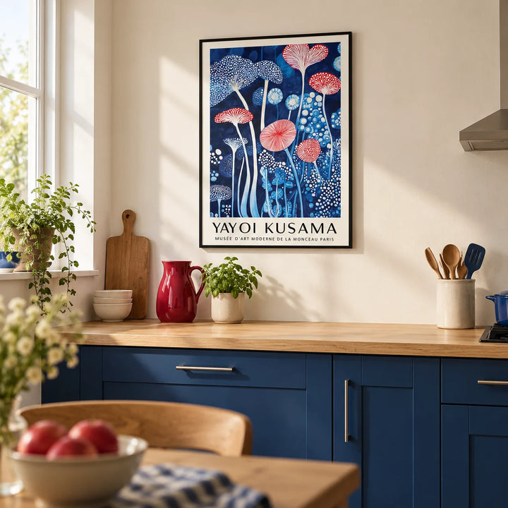 Mushroom Art Print, framed on the wall of a modern kitchen in a UK first home with cobalt blue lower cabinets