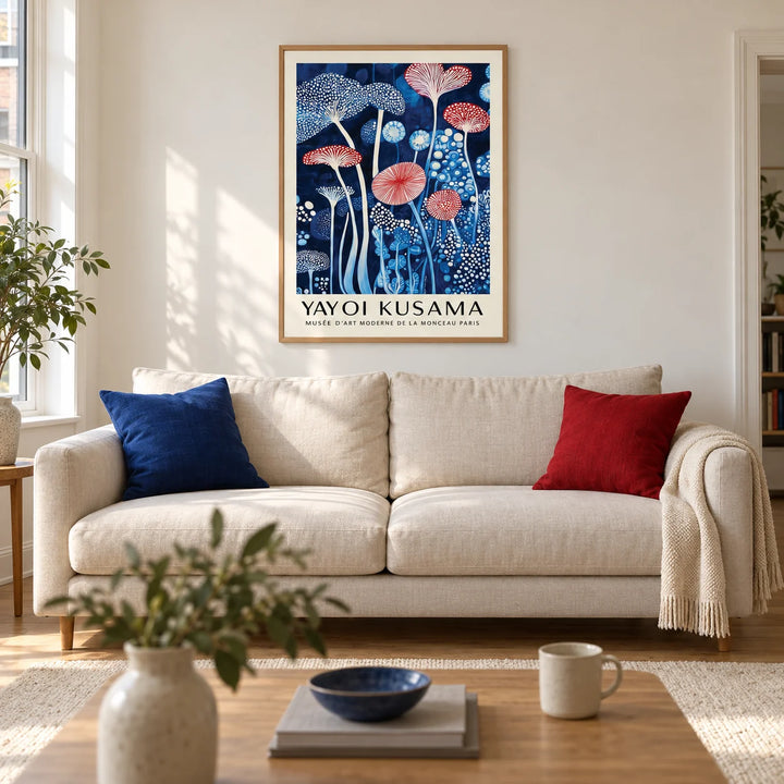 Mushroom Art Print, framed on the wall of a modern living room in a UK city flat with warm white walls and an oak floor