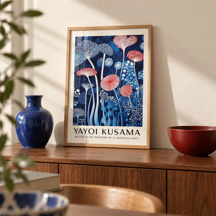 Mushroom Art Print, a small A4 framed print leaning on a walnut sideboard in a living room