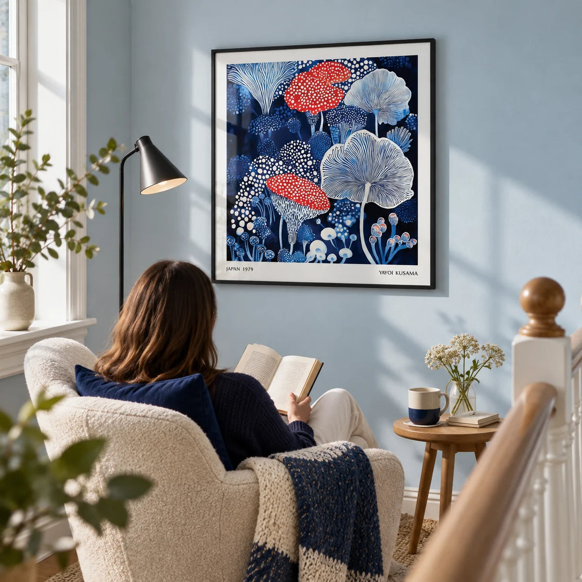 Mushroom Poster, framed on the wall of a bright reading corner on a spacious terraced-house landing with a pale blue wall in a living room