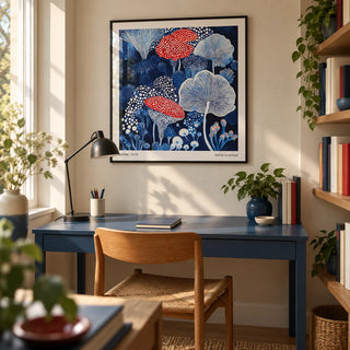 Mushroom Poster, framed on the wall of a compact home study for an art-loving adult (25-40) with cream walls and a blue painted desk