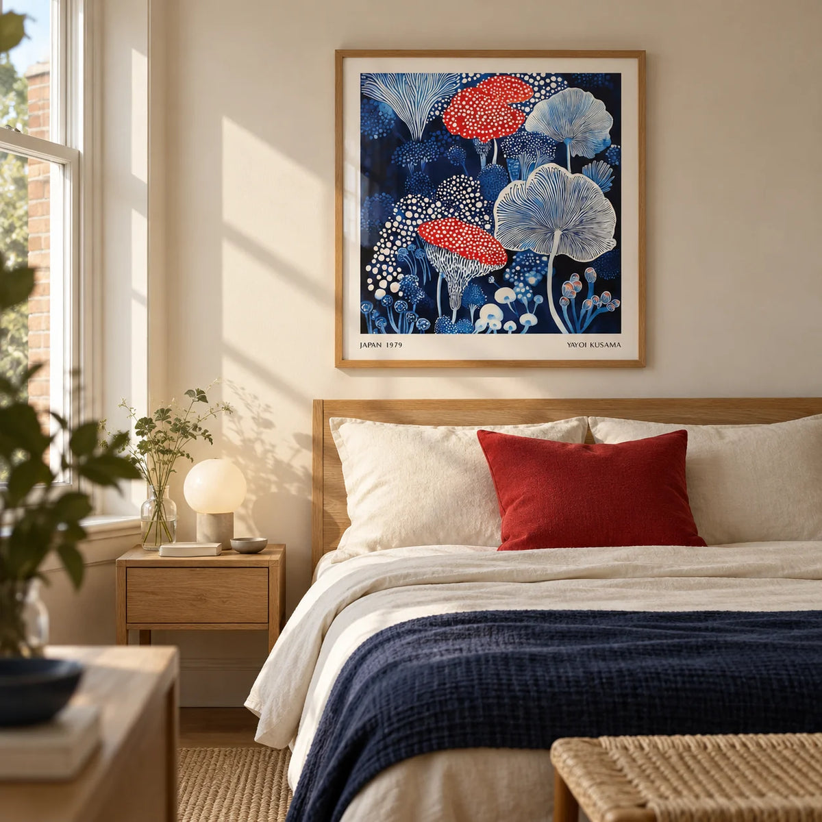 Mushroom Poster, framed on the wall of a contemporary bedroom in a UK flat with a warm cream wall