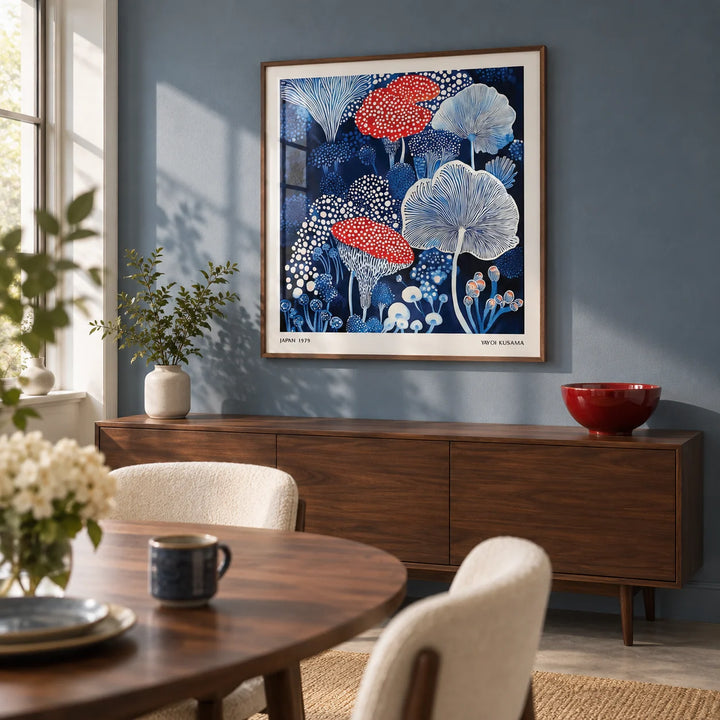 Mushroom Poster, framed on the wall of a design-led dining room in a renovated terraced house with a muted blue wall
