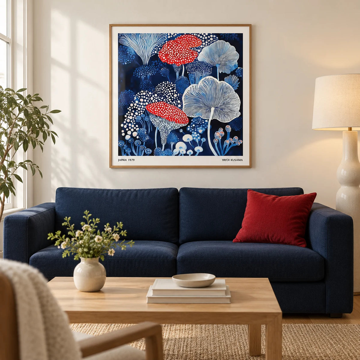 Mushroom Poster, framed on the wall of a modern living room in a UK city flat with warm white walls and an oak floor