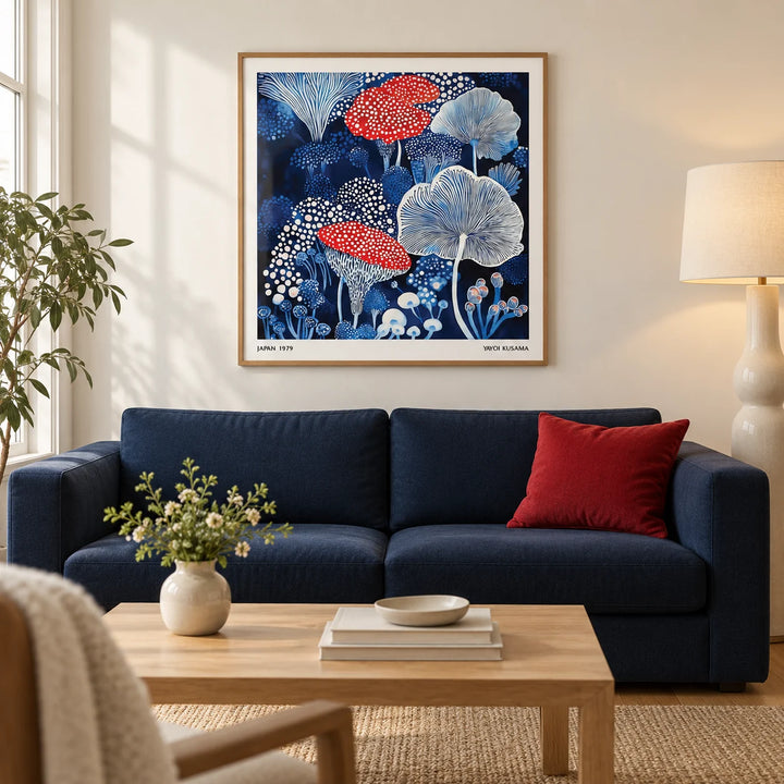 Mushroom Poster, framed on the wall of a modern living room in a UK city flat with warm white walls and an oak floor
