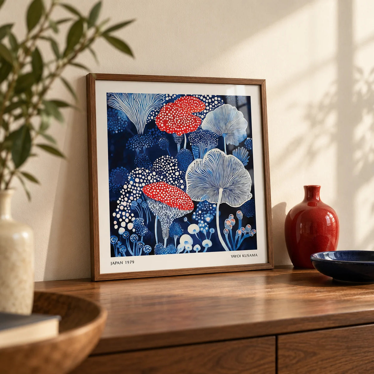 Mushroom Poster, a small A4 framed print leaning on a walnut hallway side table