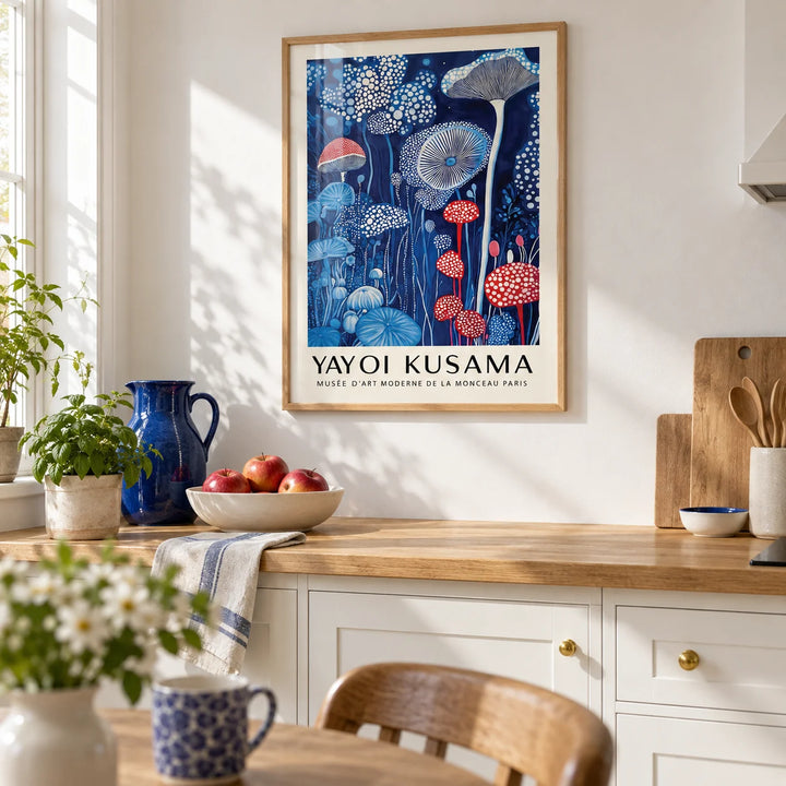 Mushroom Print, framed on the wall of a bright white kitchen with an oak worktop
