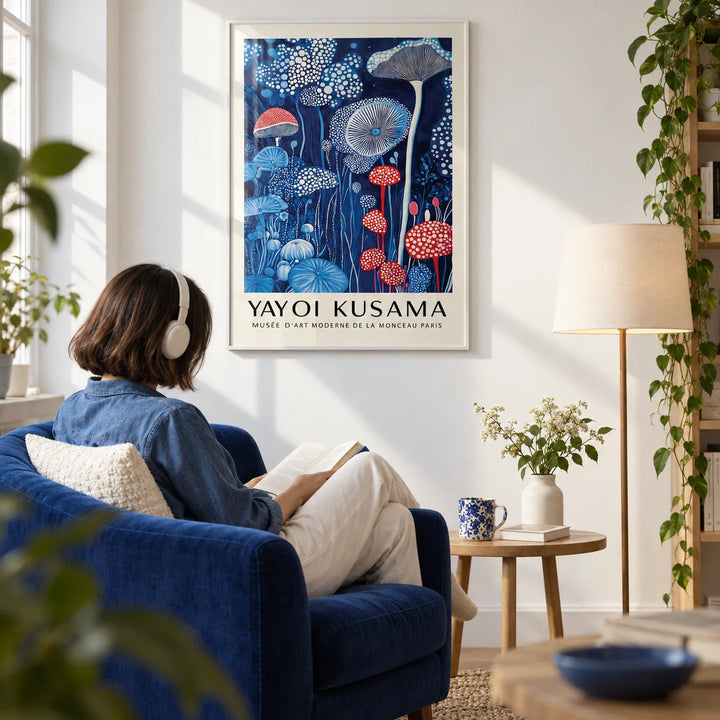 Mushroom Print, framed on the wall of a calm reading corner with a white wall in a living room