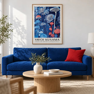 Mushroom Print, framed on the wall of a fresh modern living room with a crisp white wall and a pale oak floor