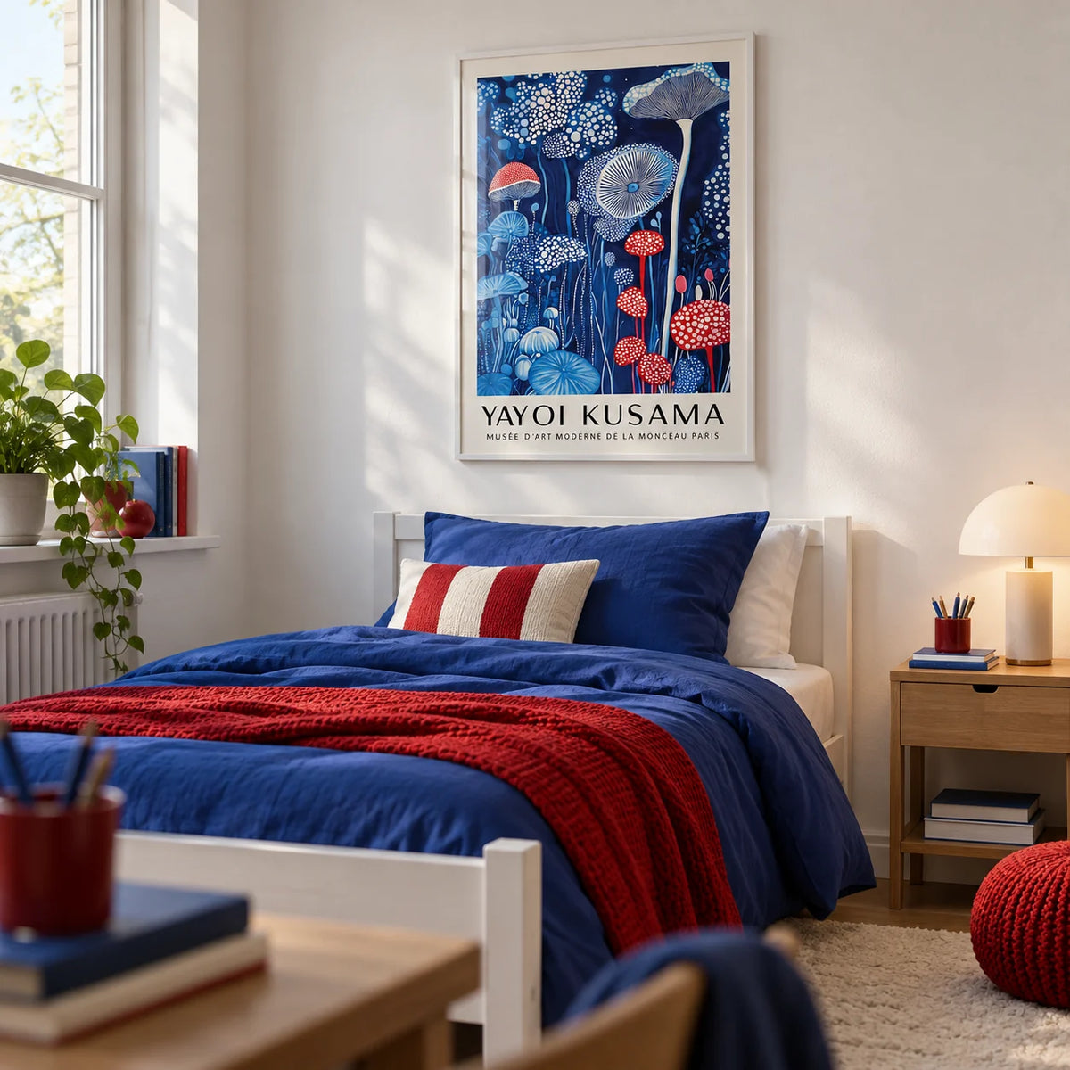 Mushroom Print, framed on the wall of a fresh single bedroom for a teen (13-17) with a white wall