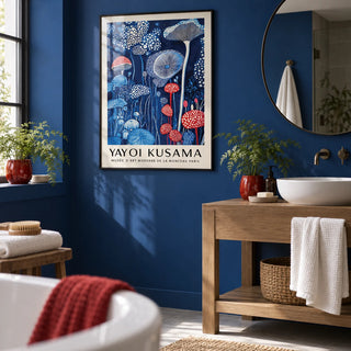 Mushroom Print, framed on the wall of a modern bathroom with a deep cobalt blue painted wall and a plain white basin on an oak stand