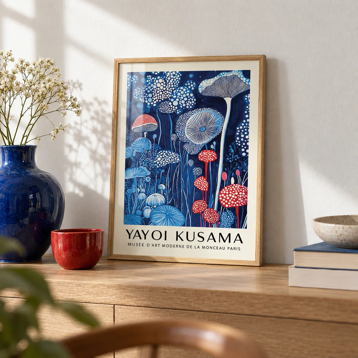 Mushroom Print, a small A4 framed print leaning on an oak shelf in a living room