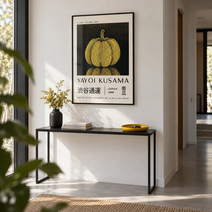 Mushroom Wall Art, framed on the wall of a crisp hallway with a white wall and a pale grey floor