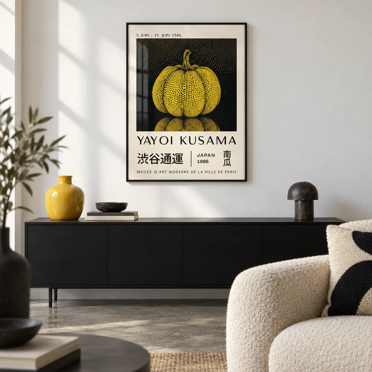 Mushroom Wall Art, framed on the wall of a design-led living room with a white wall and a polished concrete floor