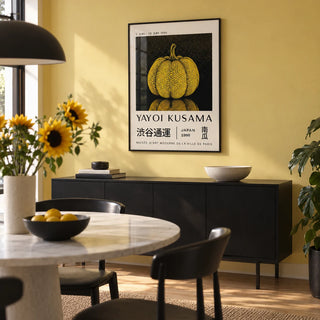 Mushroom Wall Art, framed on the wall of a modern dining room with a soft yellow painted wall
