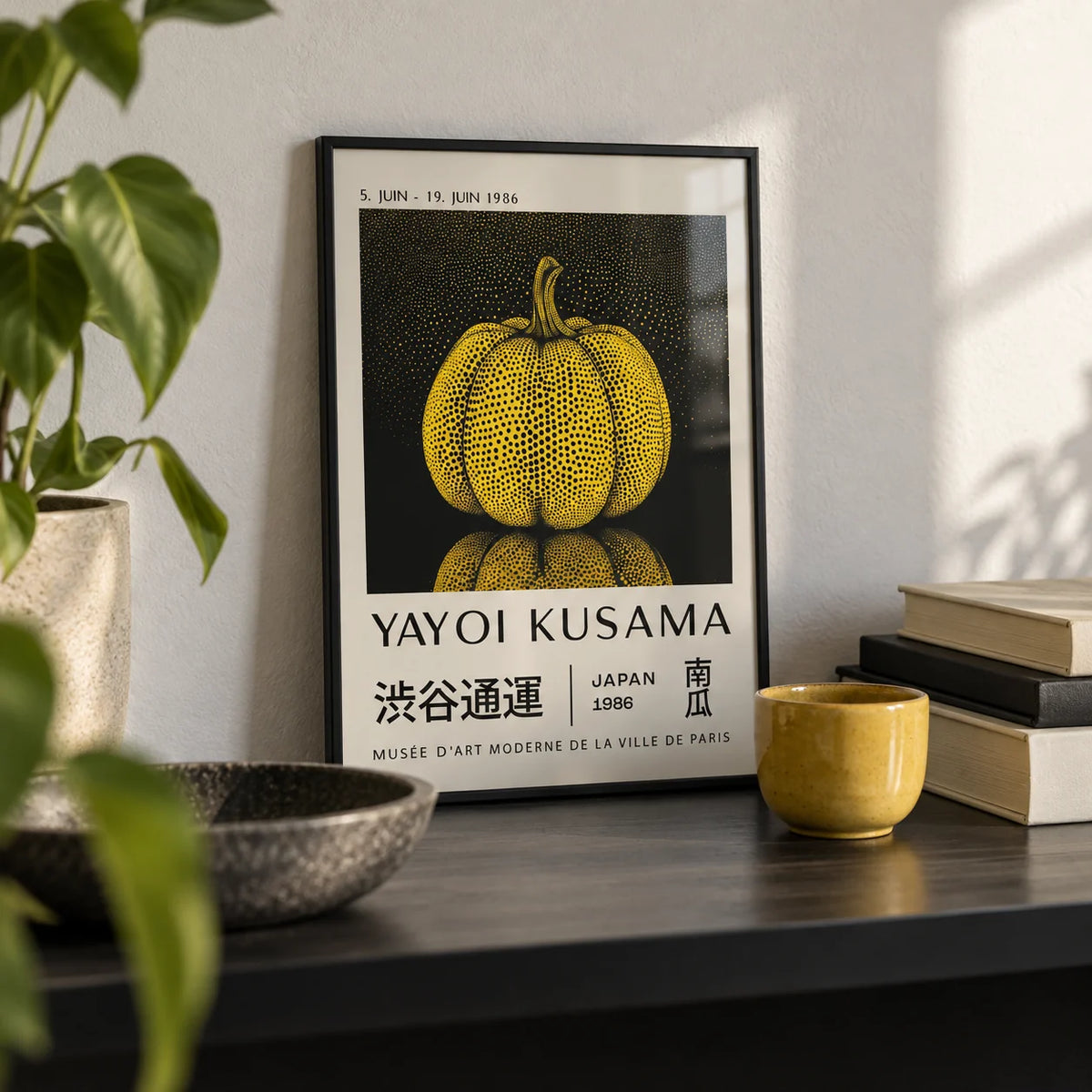 Mushroom Wall Art, a small A4 framed print leaning on a black shelf in a living room