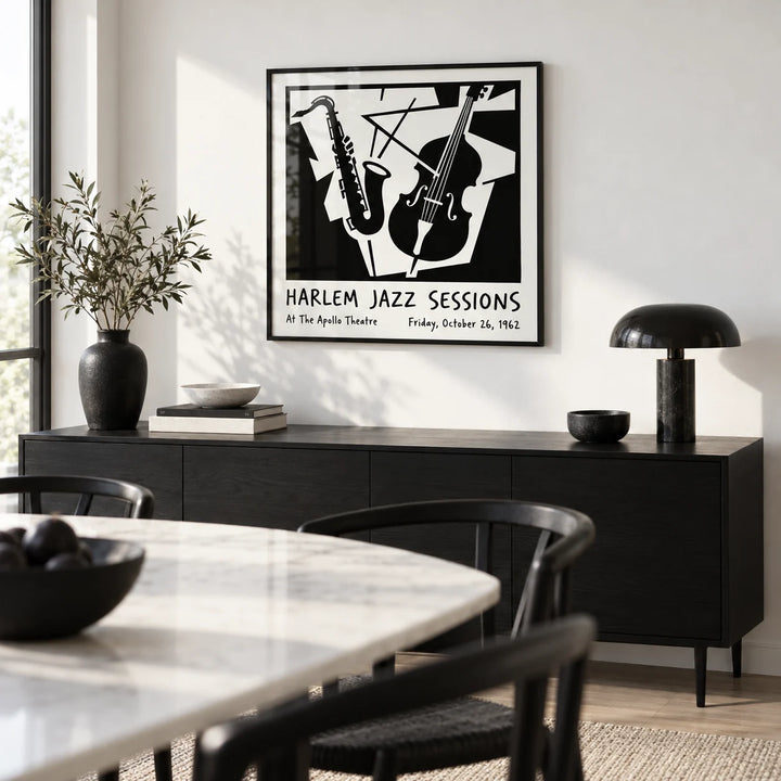 Music Poster Wall Art, framed on the wall of a monochrome dining room with a white wall