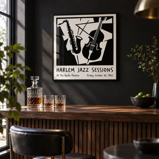 Music Poster Wall Art, framed on the wall of a monochrome home bar with a black painted wall in a living room
