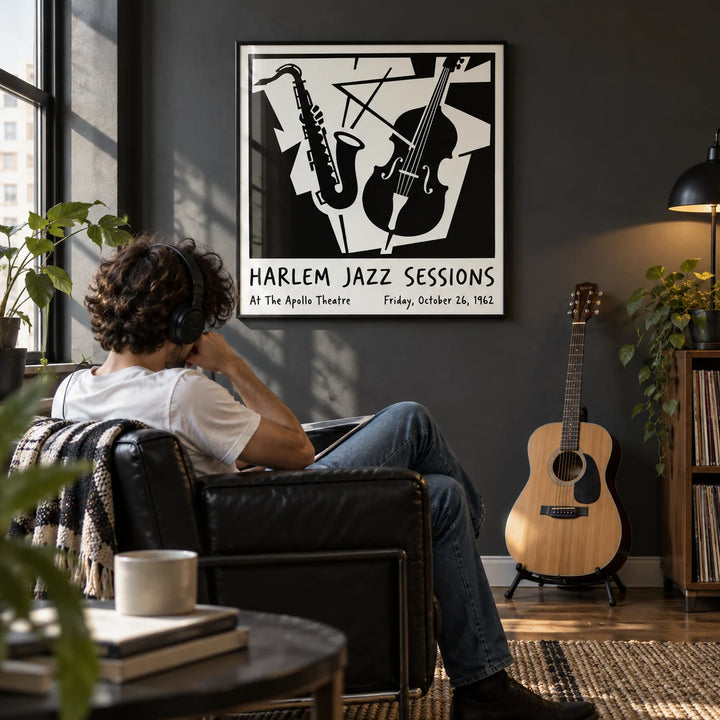 Music Poster Wall Art, framed on the wall of a music corner in a city flat with a charcoal wall in a living room