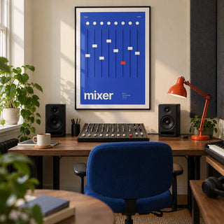 Music Studio Wall Art, framed on the wall of a compact home music studio in a UK terrace with a warm white wall and plain charcoal acoustic panels on the adjoining wall in a home office