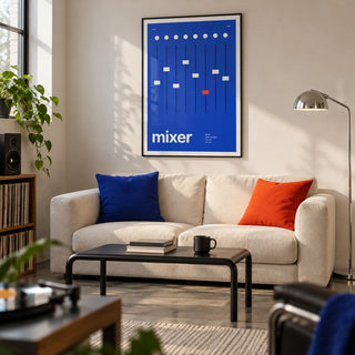 Music Studio Wall Art, framed on the wall of a crisp living room in a first flat for a music lover (22-28)