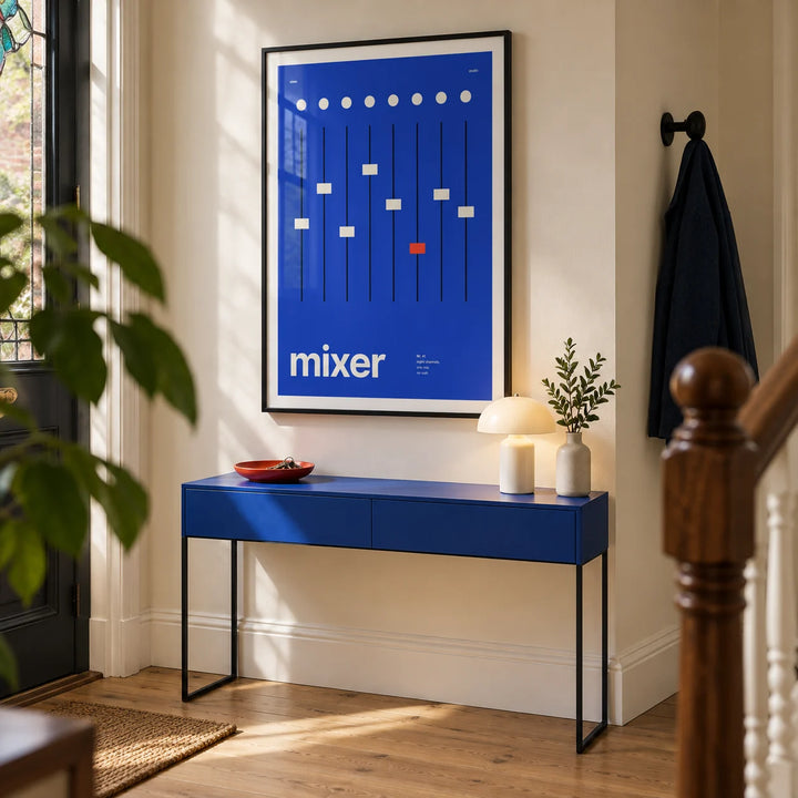Music Studio Wall Art, framed on the wall of a design-led hallway in a Victorian terrace with a warm white wall and simple oak floorboards