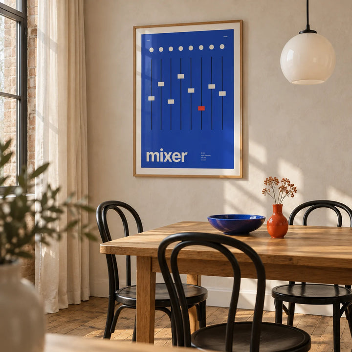 Music Studio Wall Art, framed on the wall of a modern dining nook in a converted UK warehouse flat with a pale plaster wall and exposed timber floor