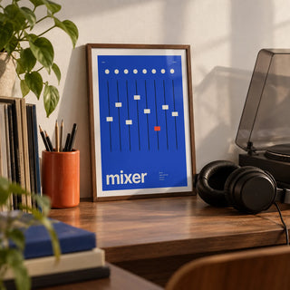 Music Studio Wall Art, a small A4 framed print leaning on a walnut desk