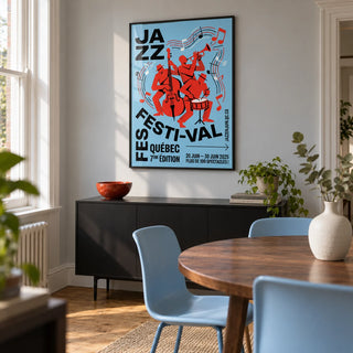 Musical Event Wall Art, framed on the wall of a compact modern dining room in a Victorian terrace with pale grey walls and an oak floor
