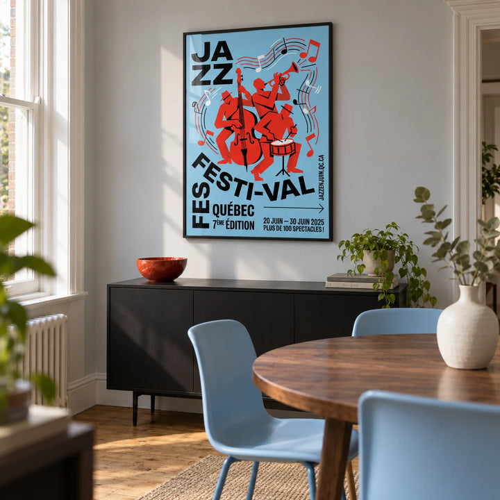 Musical Event Wall Art, framed on the wall of a compact modern dining room in a Victorian terrace with pale grey walls and an oak floor