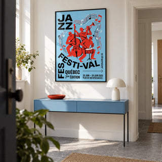 Musical Event Wall Art, framed on the wall of a design-led entrance hallway in a UK maisonette with white walls and a grey stone floor