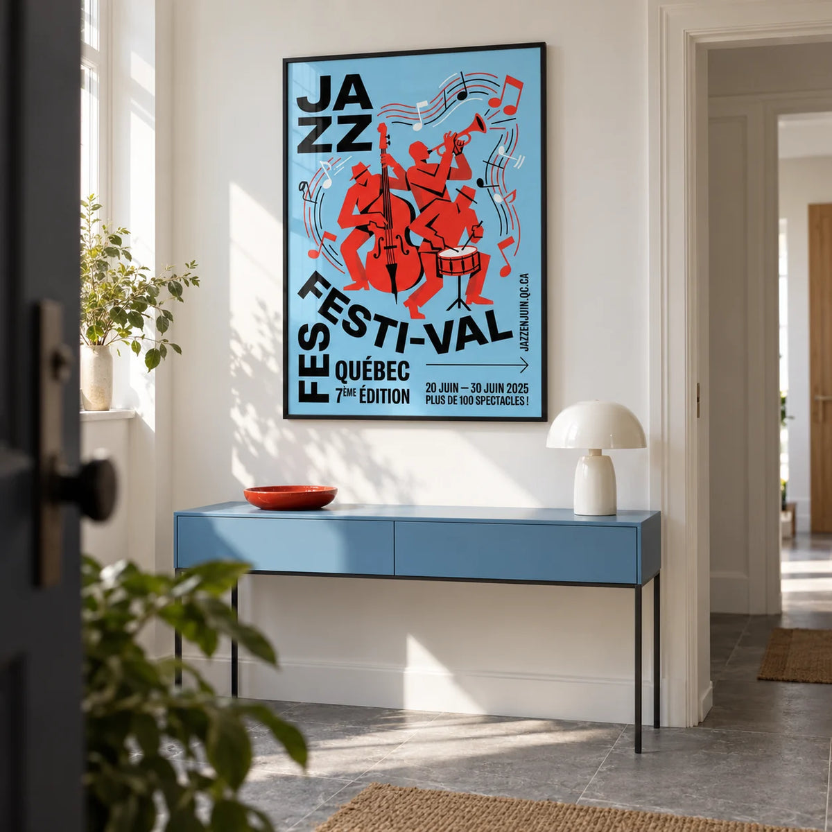 Musical Event Wall Art, framed on the wall of a design-led entrance hallway in a UK maisonette with white walls and a grey stone floor