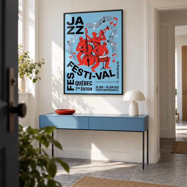 Musical Event Wall Art, framed on the wall of a design-led entrance hallway in a UK maisonette with white walls and a grey stone floor