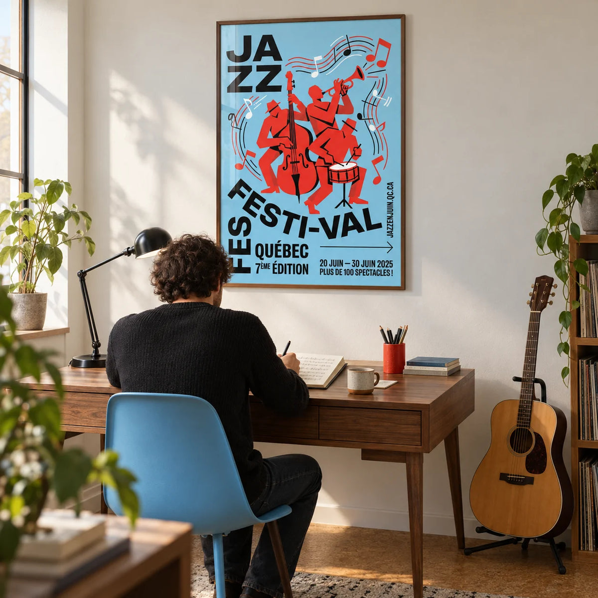 Musical Event Wall Art, framed on the wall of a home music study for a jazz enthusiast with an off-white wall and a plain cork floor