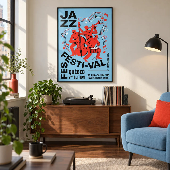 Musical Event Wall Art, framed on the wall of a modern living room in a UK city flat with a warm white wall and walnut floor