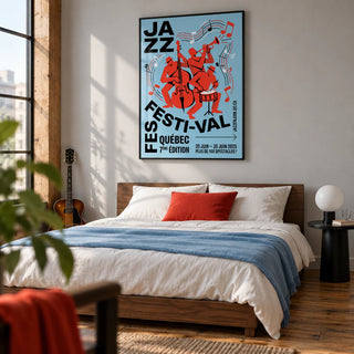 Musical Event Wall Art, framed on the wall of a modern loft bedroom for a music-loving adult (25-40) with a pale grey wall and exposed timber floorboards