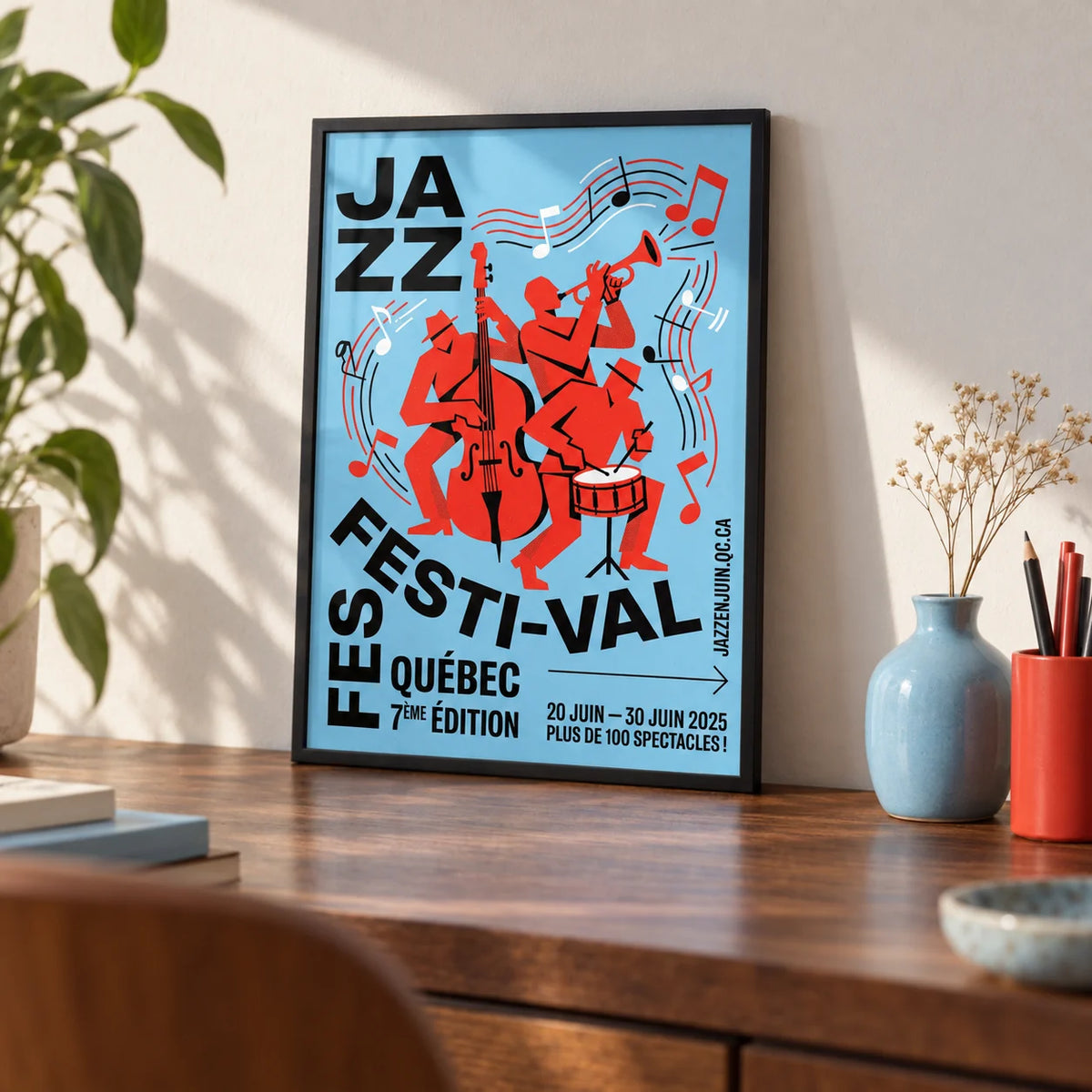 Musical Event Wall Art, a small A4 framed print leaning on a walnut desk