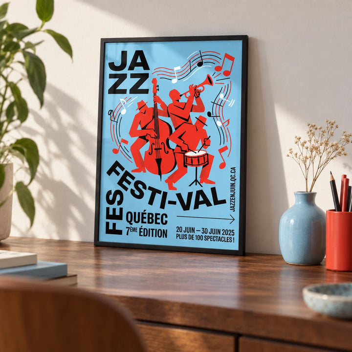 Musical Event Wall Art, a small A4 framed print leaning on a walnut desk