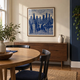 Musician Poster Art, framed on the wall of a compact modern dining room in a UK terrace with a warm cream wall and a navy painted alcove
