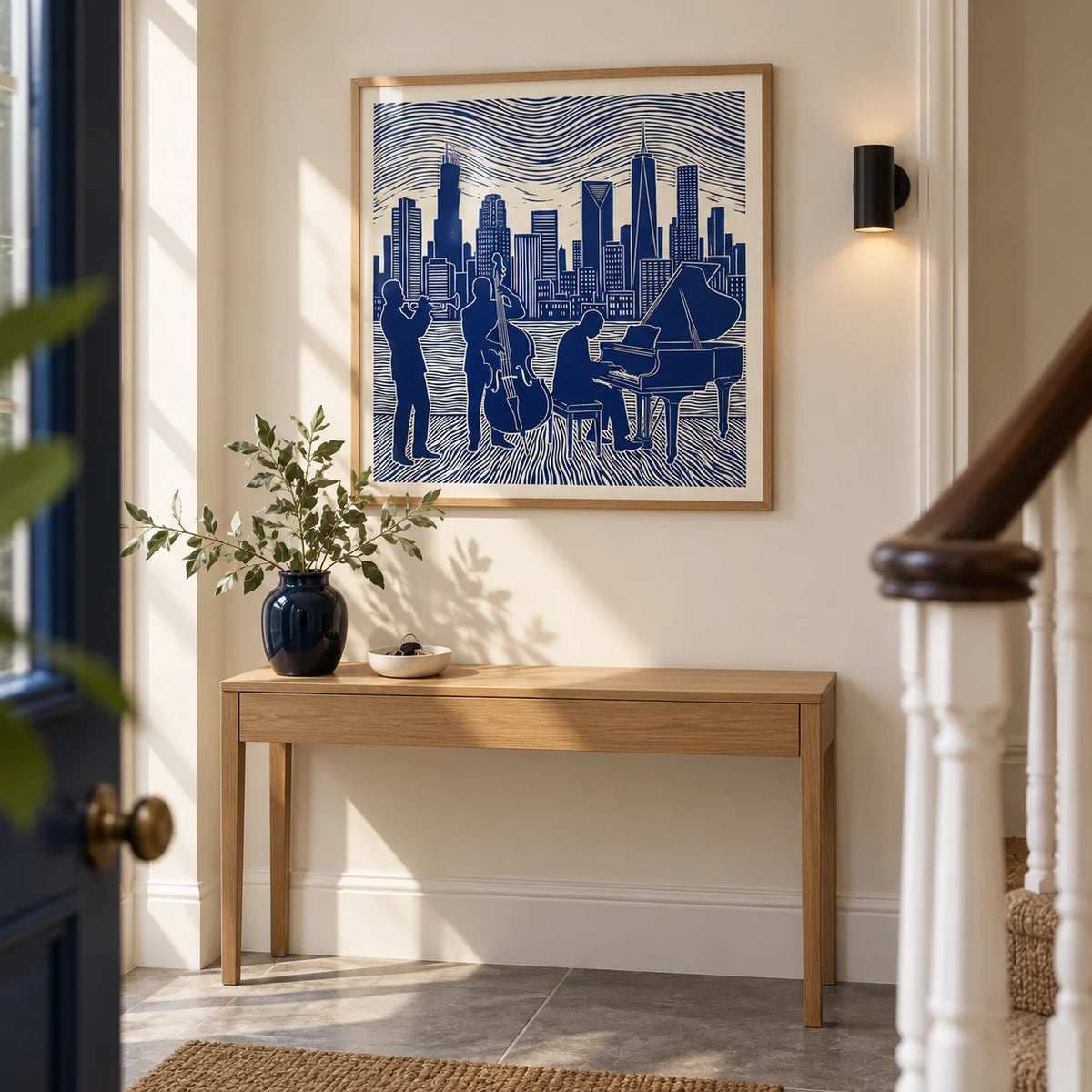 Musician Poster Art, framed on the wall of a crisp entrance hallway in a renovated UK terrace with cream walls and a plain grey stone floor