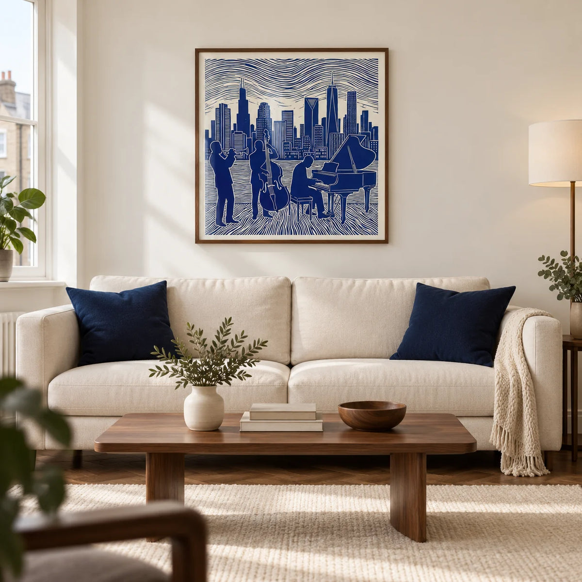 Musician Poster Art, framed on the wall of a modern living room in a UK city flat with warm white walls and walnut flooring