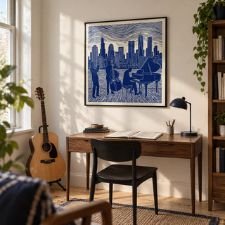 Musician Poster Art, framed on the wall of a quiet music study in a UK flat with a warm white wall and a pale timber floor