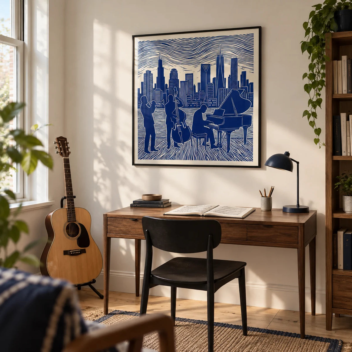 Musician Poster Art, framed on the wall of a quiet music study in a UK flat with a warm white wall and a pale timber floor