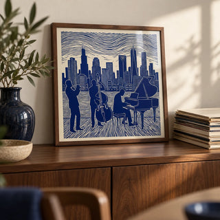Musician Poster Art, a small A4 framed print leaning on a walnut sideboard in a living room