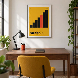 Mustard Wall Art, framed on the wall of a compact design-led home office in a UK city flat with a white wall and walnut floor