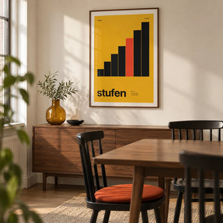 Mustard Wall Art, framed on the wall of a crisp dining area in a young professional couple's UK flat with a warm white wall