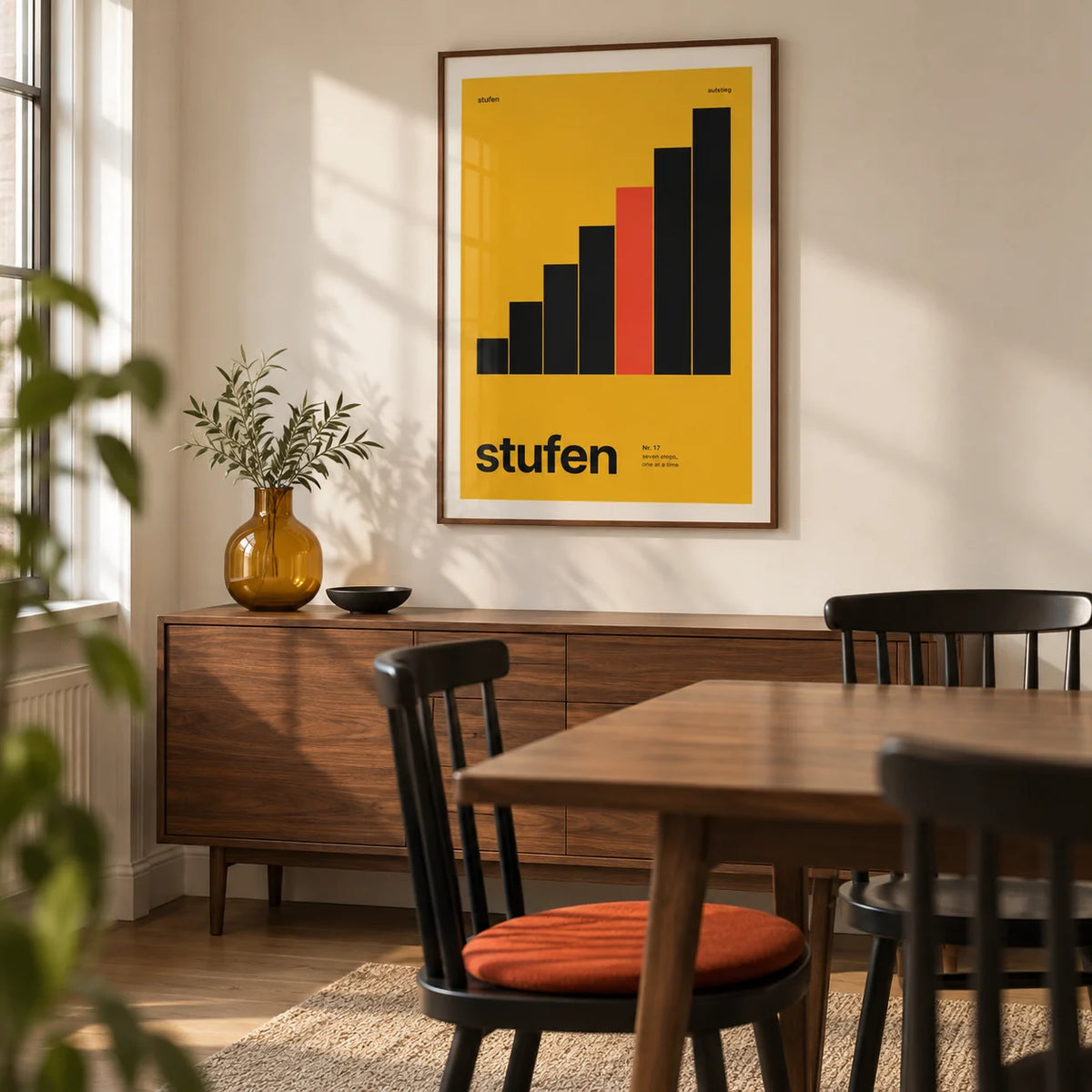 Mustard Wall Art, framed on the wall of a crisp dining area in a young professional couple's UK flat with a warm white wall
