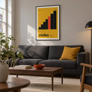 Mustard Wall Art, framed on the wall of a modern living room in a converted UK flat with a pale grey wall and oak floor