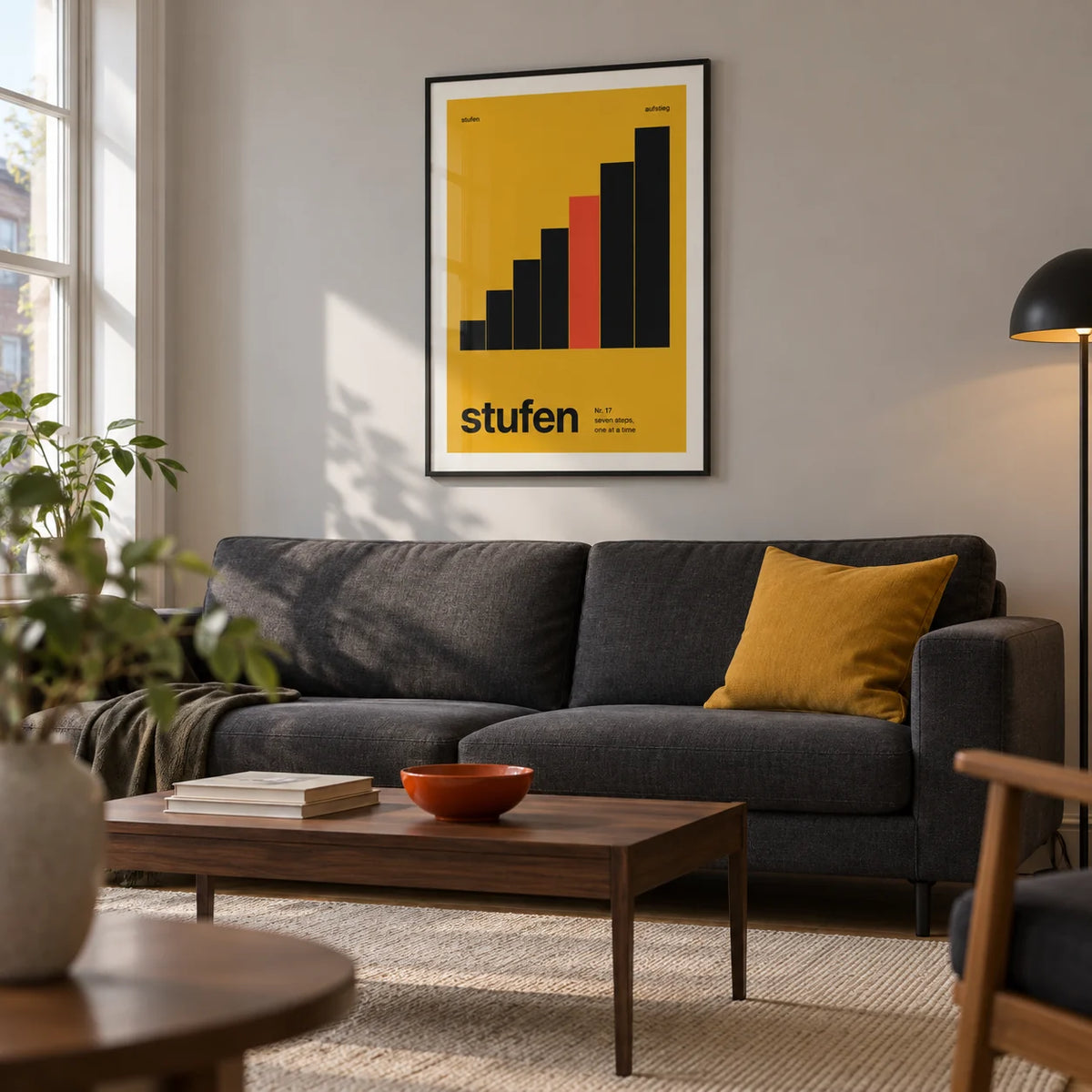Mustard Wall Art, framed on the wall of a modern living room in a converted UK flat with a pale grey wall and oak floor